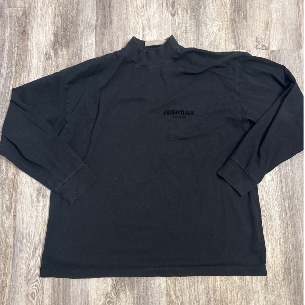 Essentials Fear Of God Mock Neck Long Sleeve Shirt Black Mens Large Back Logo